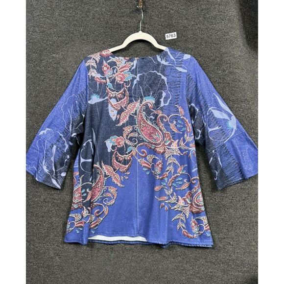Bleu Knit A- Line Blouse Womens Size 1X Blue Paisley Shimmer 3/4 Sleeve - Picture 2 of 6